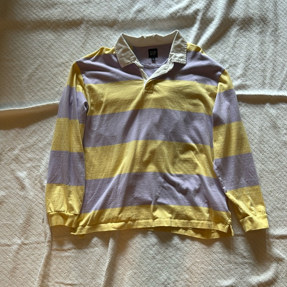 GAP rugby polo. XL, large yellow and lavender stripes.